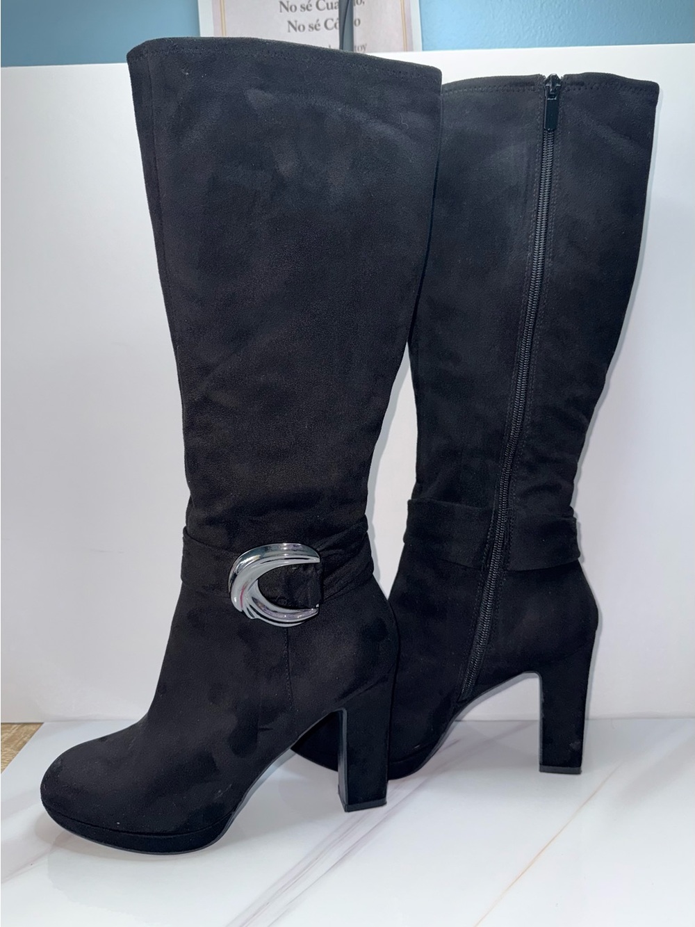 Black Knee High Boots Size 6.5M Block Heel Silver Buckle